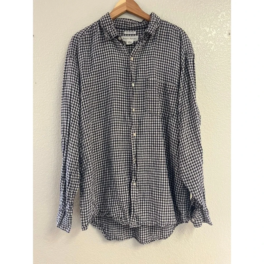 Banana Republic Mens XL 100% Irish Linen Gingham Button Down Shirt Navy White